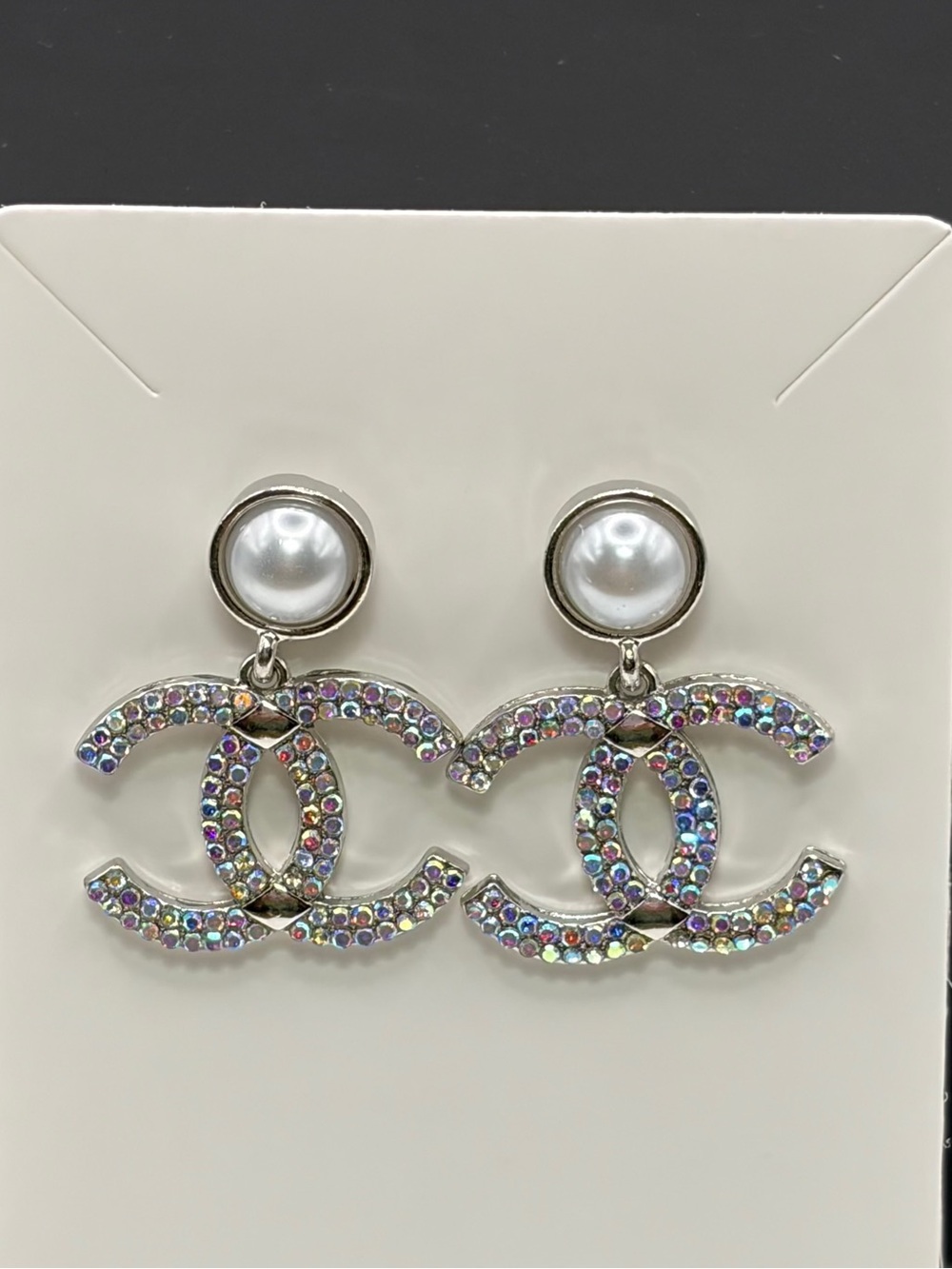 Iridescent Crystal Monogram Drop Earrings - Silver Pearl Accent - Picture 4 of 4